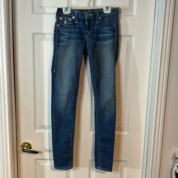 NWOT True Religion size 24 skinny jeans pink&white stitching - Picture 3 of 13